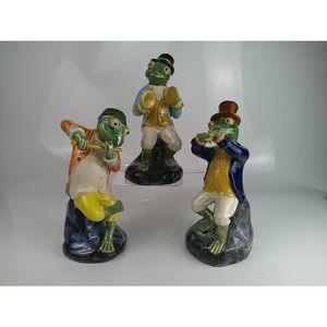 Set of 3 Vintage Majolica Pottery Frogs Playing Instruments See Description